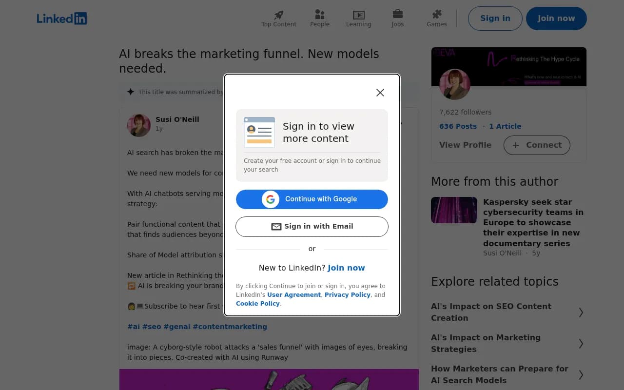 Susi O'Neill's LinkedIn post arguing AI search has broken the marketing funnel