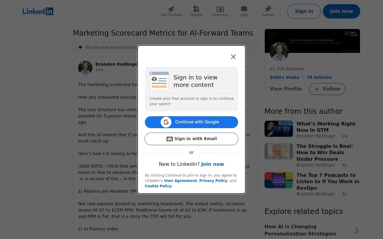 LinkedIn post on how marketing scorecards have changed for AI-forward teams