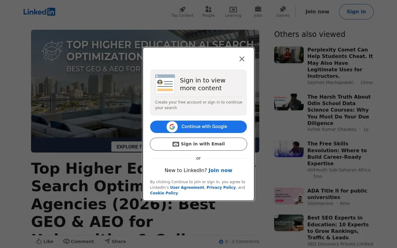 LinkedIn roundup of top higher-education AI search optimization agencies for 2026