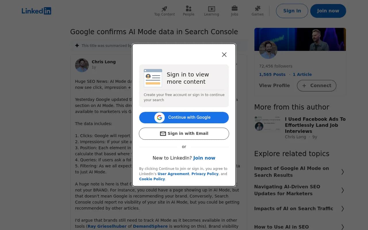 LinkedIn post discussing the gap between Search Console's AI Mode data and actual brand visibility in AI answers