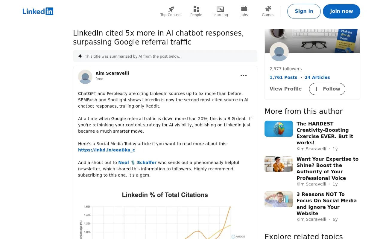 A LinkedIn post discussing how LinkedIn articles are earning more AI citations