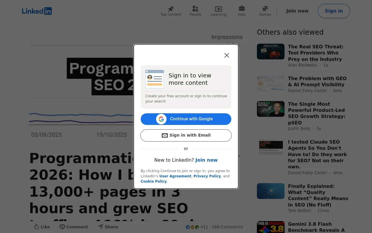 Jake Ward's LinkedIn post on building 13,000+ programmatic pages with AI