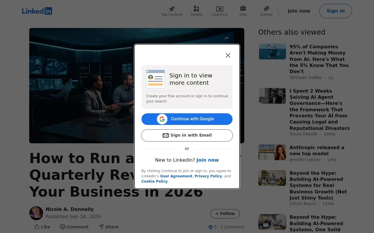 A LinkedIn article on running a quarterly AI review, aimed at internal AI adoption rather than search visibility