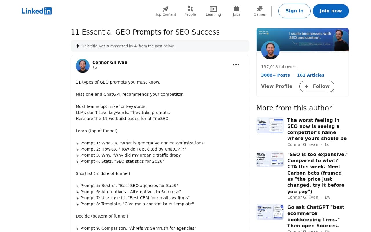 A LinkedIn post listing GEO prompt types, including a competitor analysis prompt covering keyword gaps, top pages, backlinks and AI citations
