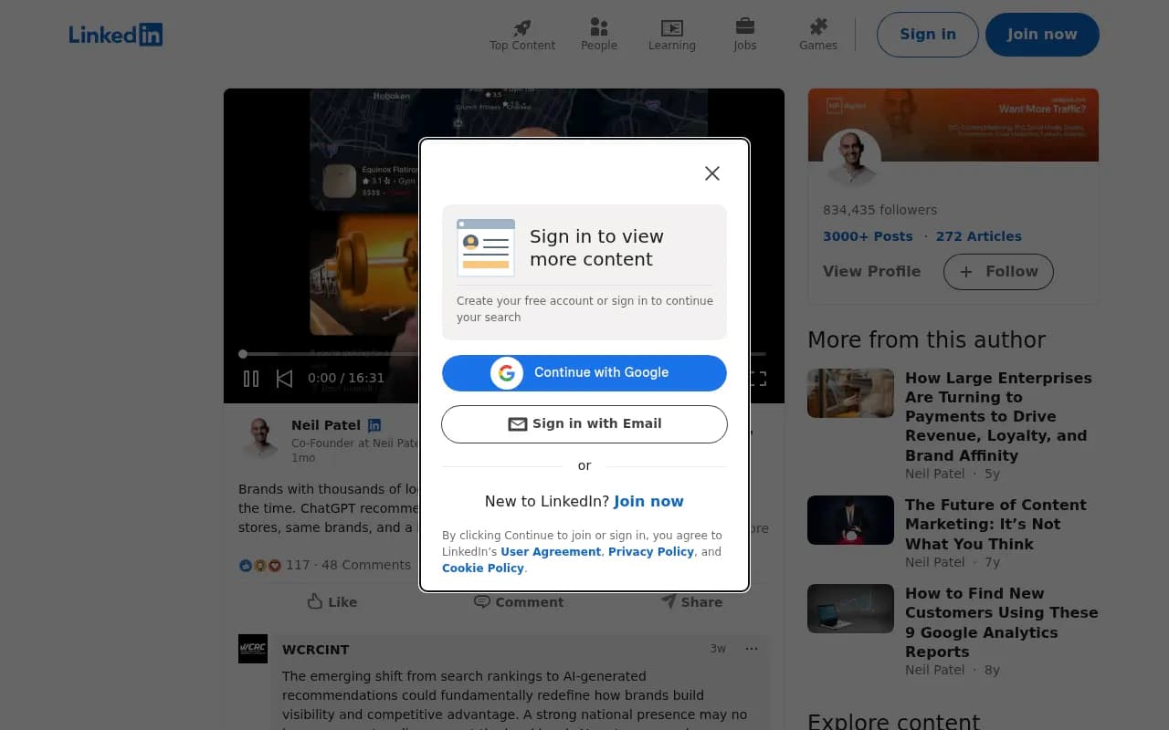 Neil Patel's post comparing multi-location brand visibility in Google's top three local results with ChatGPT recommendations