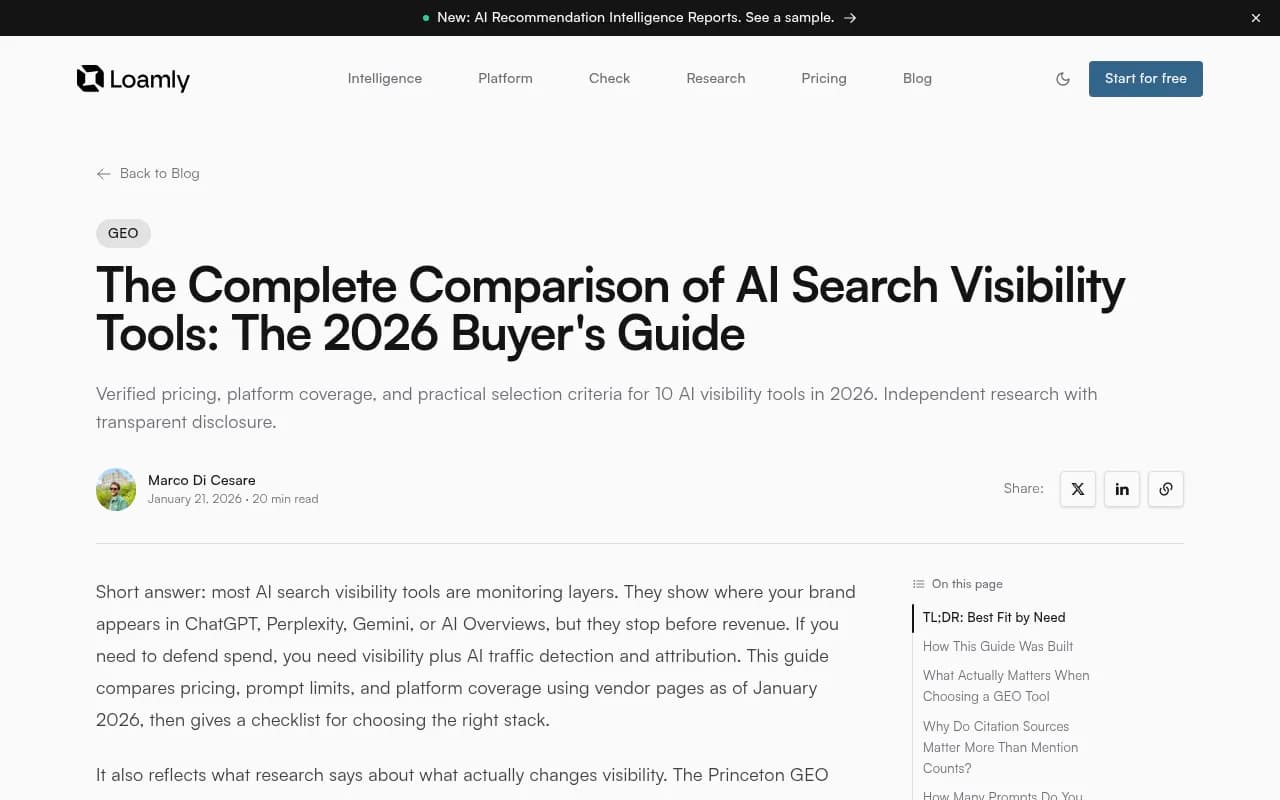 Loamly's comprehensive 2026 AI visibility tool comparison guide