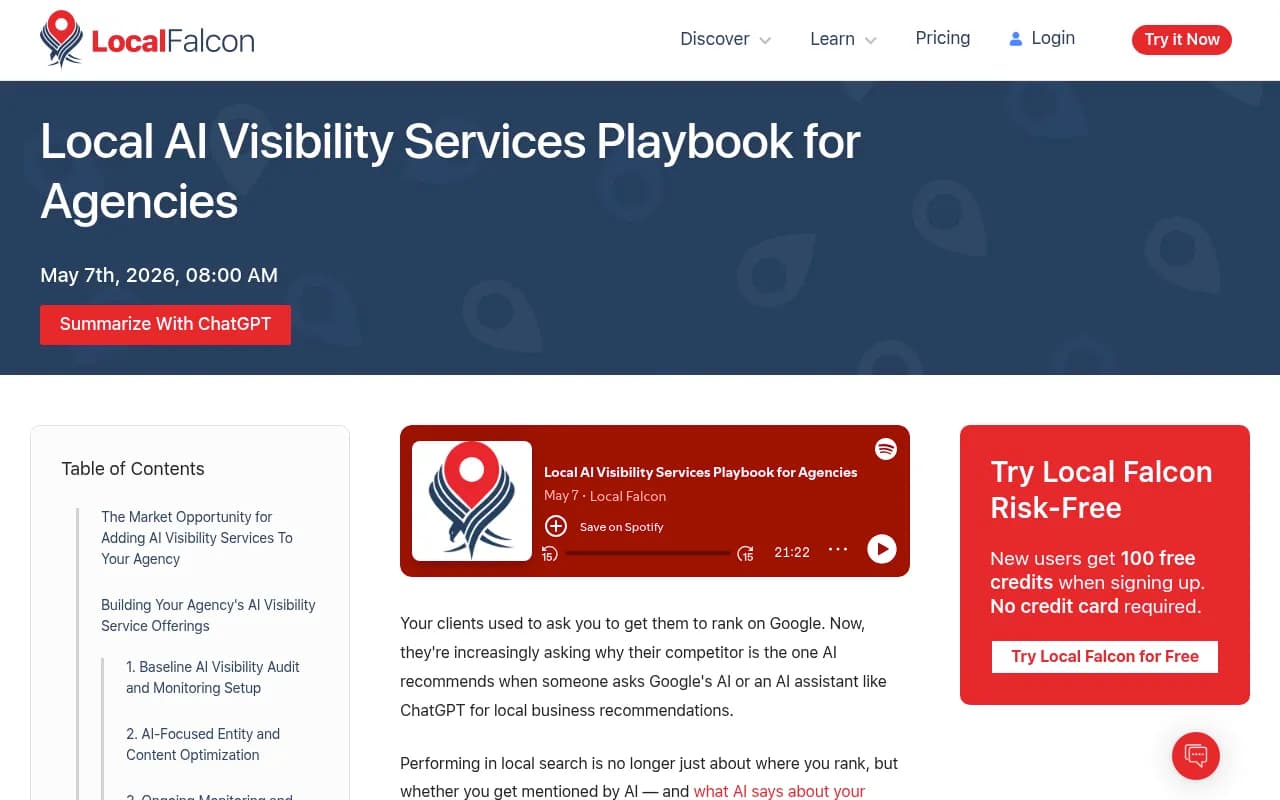 Local Falcon's agency playbook for building AI visibility services, covering audit setup, content optimization, and monthly reporting workflows