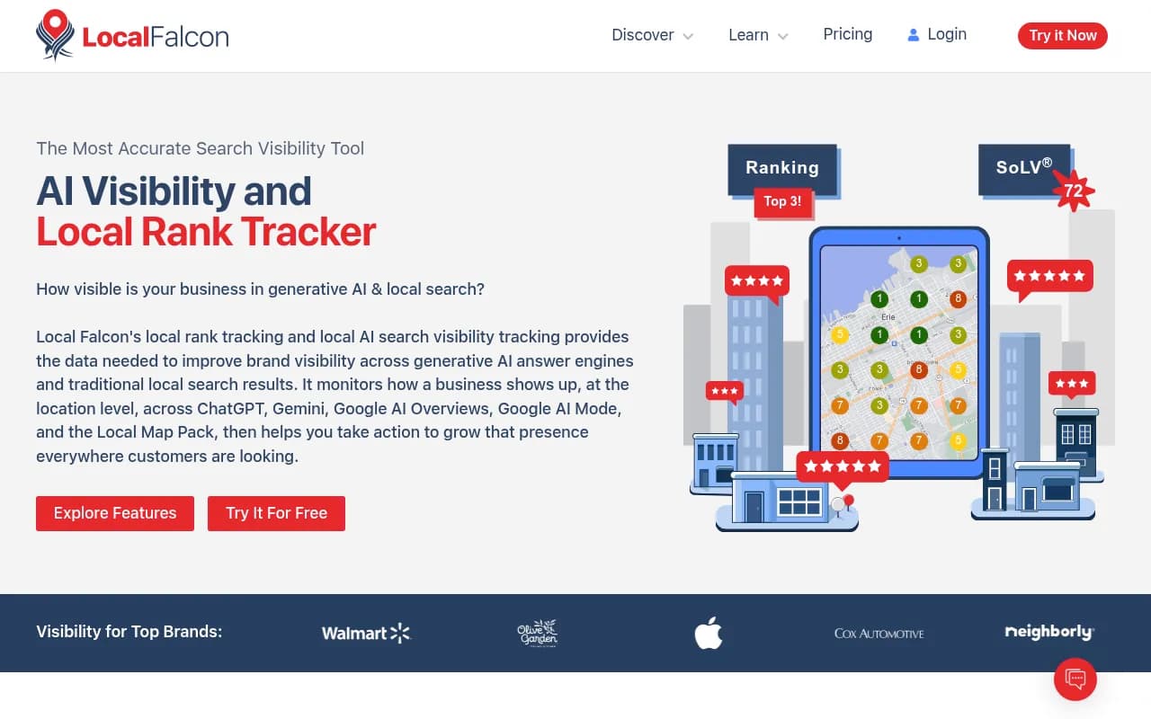 Local Falcon homepage showing its AI visibility and local rank tracker with geo-grid heatmap
