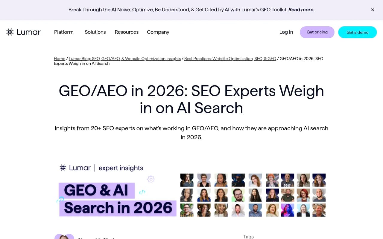 GEO and AEO expert insights from Lumar's 2026 AI search report, showing contributions from 20+ SEO professionals on what's working in AI search