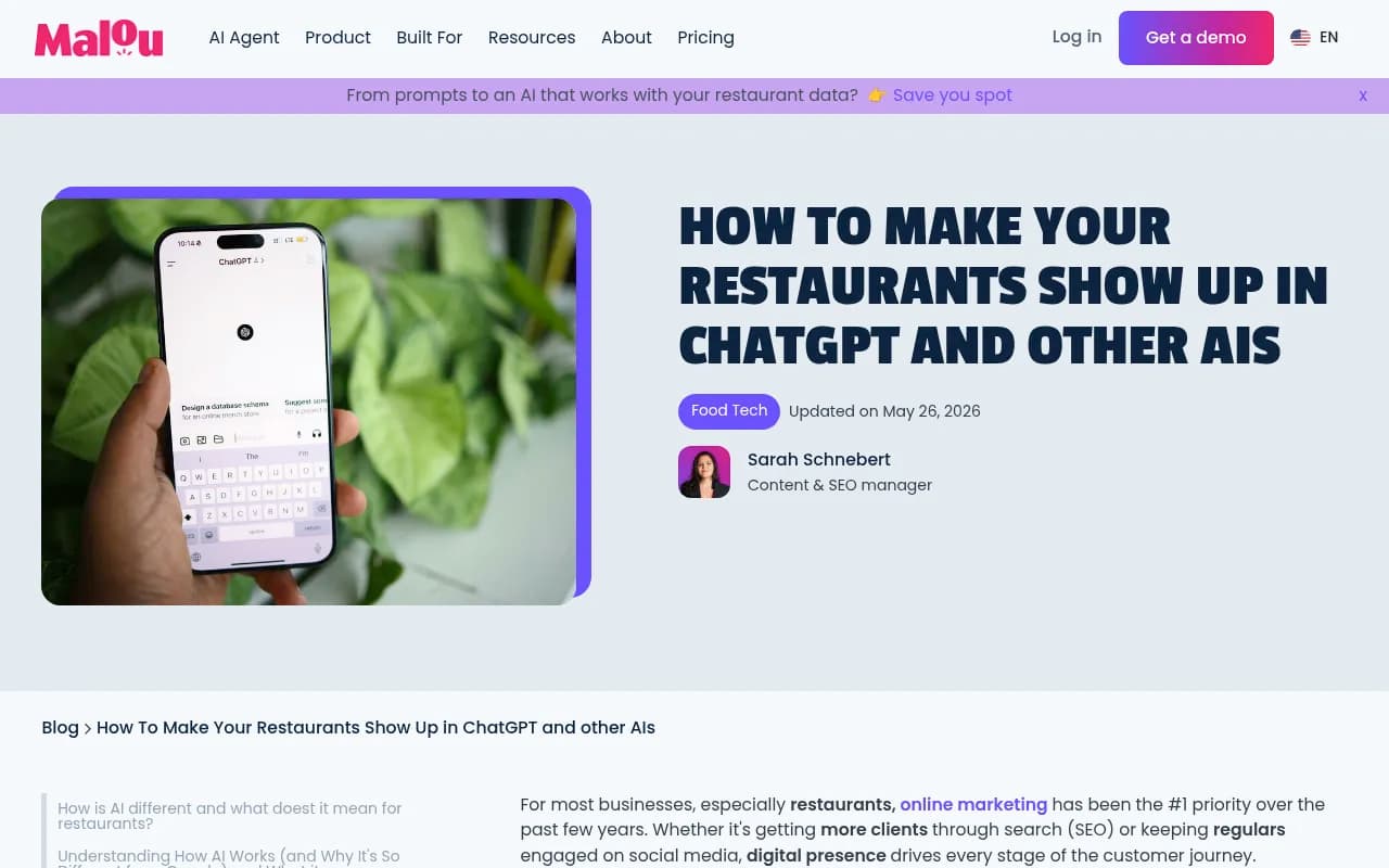 How restaurants appear in ChatGPT and AI search engines, Malou blog screenshot