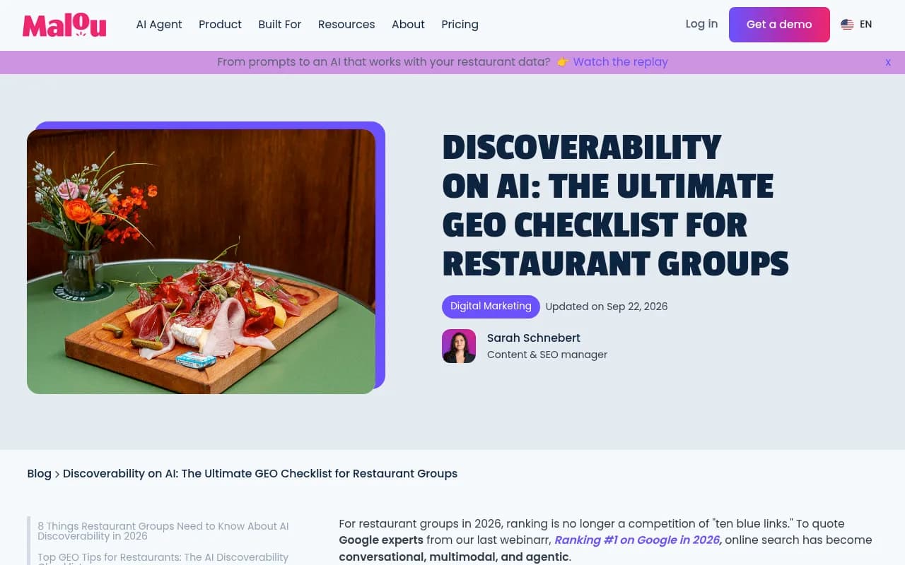 Malou's 2026 GEO checklist for restaurants, a vendor guide covering AI discoverability basics