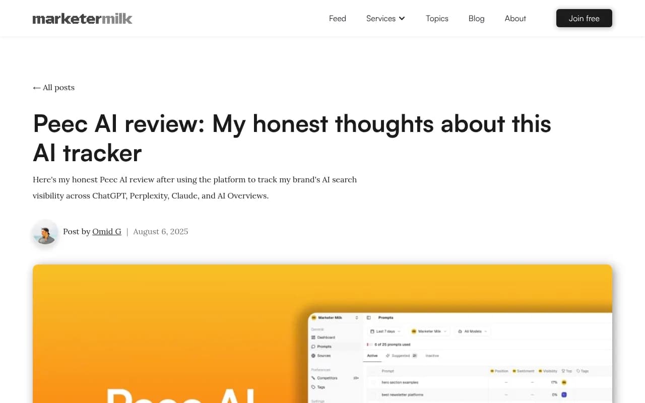 Peec AI review coverage from Marketer Milk showing honest assessment of the platform