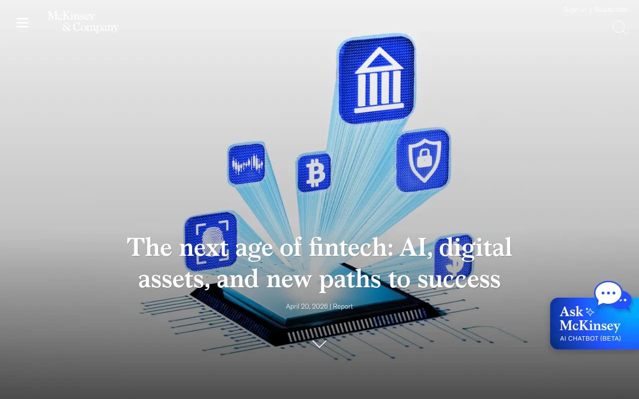 McKinsey's 2026 fintech industry trends report showing the next age of fintech with AI, digital assets, and new paths to success