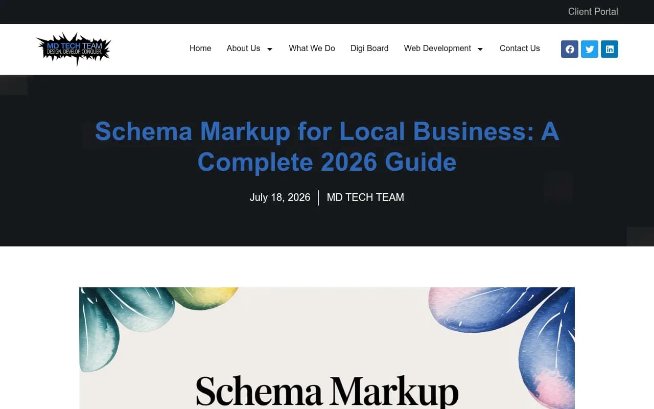 MD Tech Team guide to schema markup for local business, covering identity details and testing