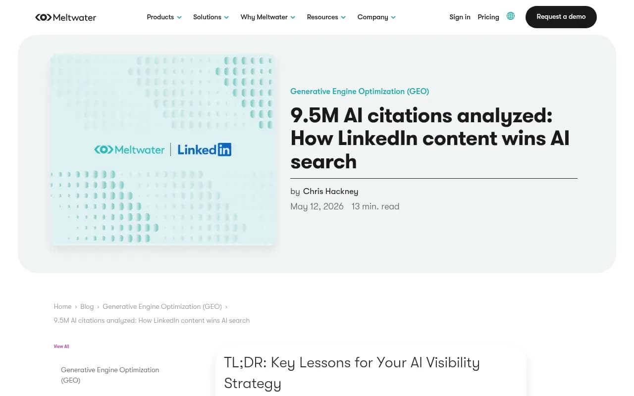 Meltwater and LinkedIn research on AI citations showing LinkedIn as the #2 cited domain in AI search