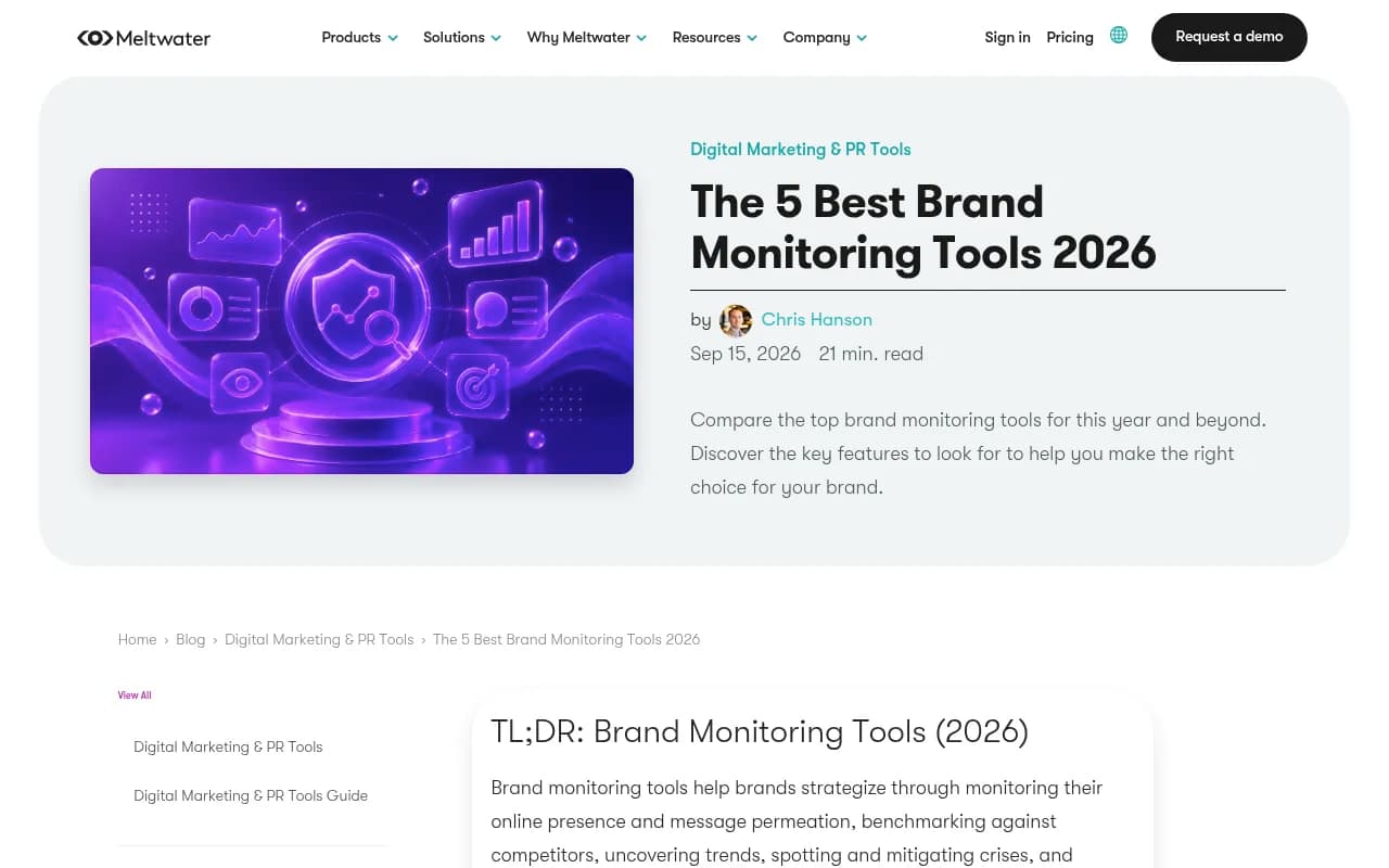 Meltwater's brand monitoring comparison page listing Meltwater alongside other monitoring tools for 2026