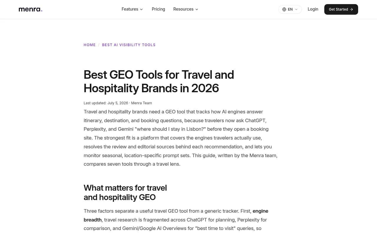 Menra's travel GEO comparison page, a vendor-written list that favors review-driven strategies