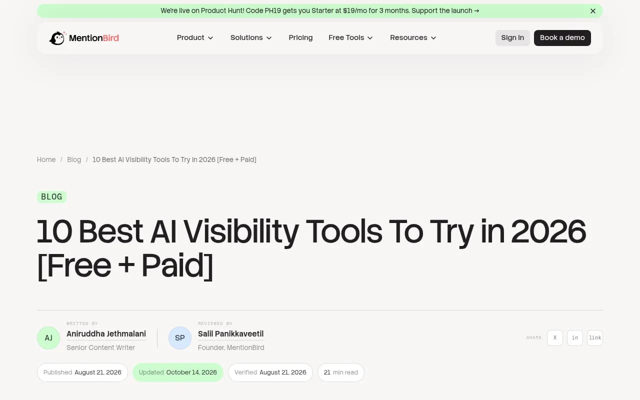 MentionBird's own roundup of AI visibility tools, which ranks MentionBird first