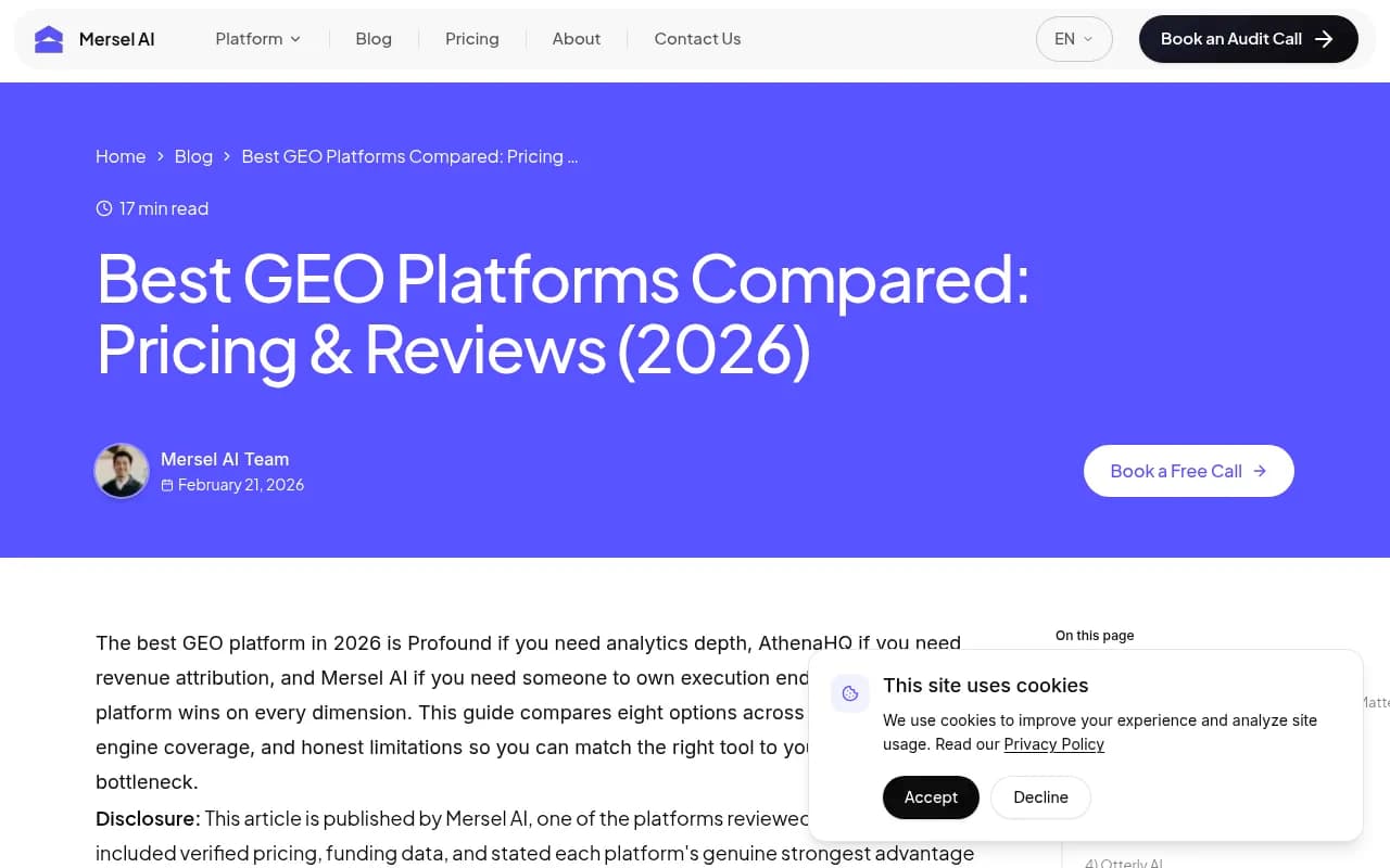 Comparison of GEO platforms across features and pricing from Mersel AI's 2026 evaluation