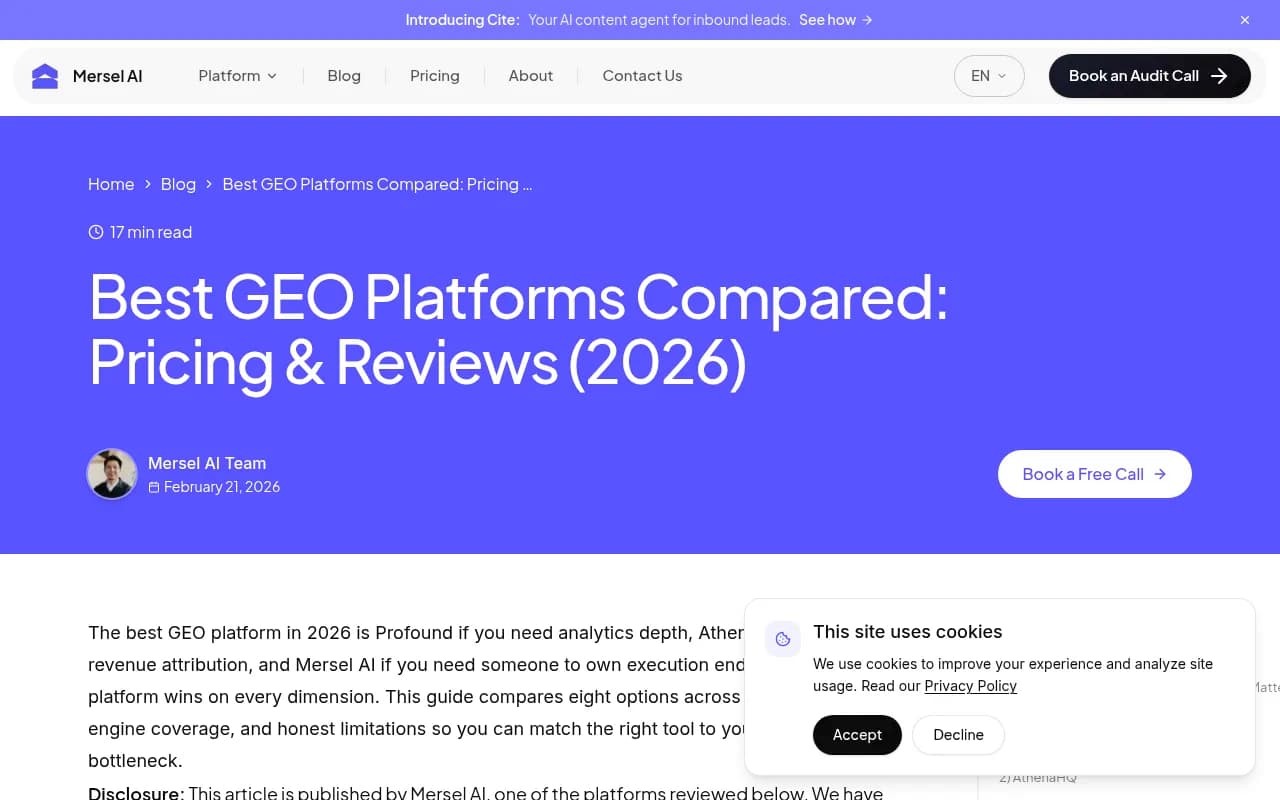 GEO platform comparison overview from Mersel AI's 2026 roundup