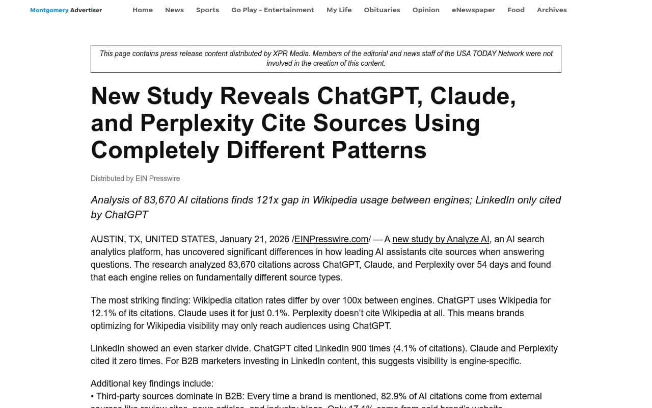 Study showing citation pattern differences across AI engines