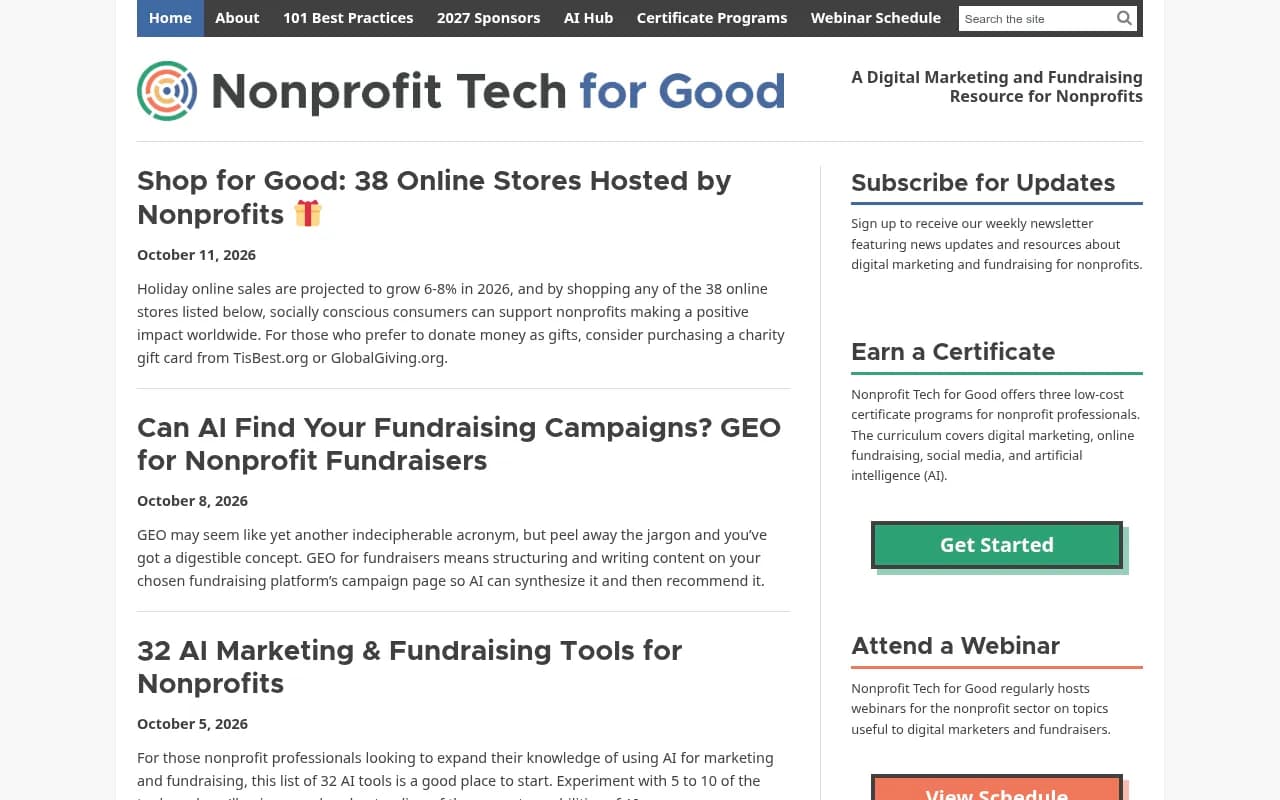 Nonprofit Tech for Good homepage with its AI hub and GEO guidance for fundraisers