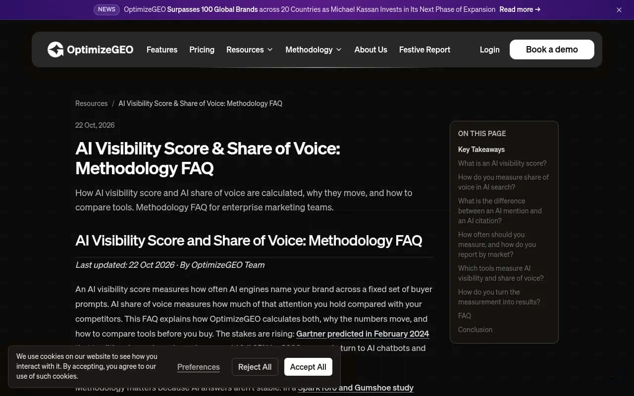 OptimizeGEO methodology FAQ explaining how an AI visibility score averages across every answer