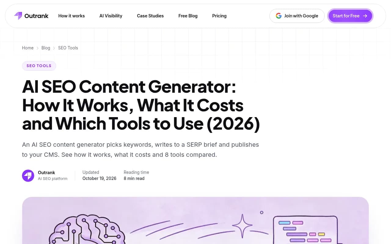 Outrank's AI SEO content generator guide with a comparison of eight tools