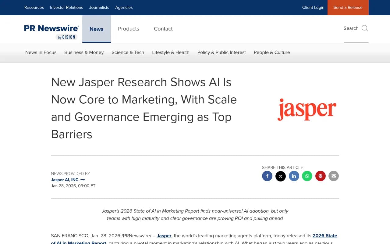 Jasper's 2026 State of AI in Marketing research showing ROI challenges and AI adoption data