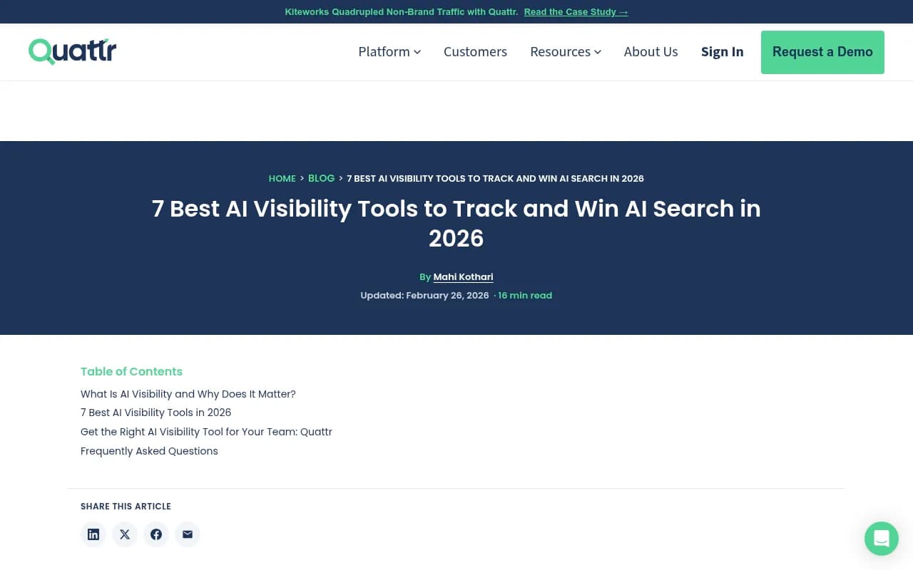 AI visibility tools comparison guide from Quattr showing the landscape of platforms in 2026