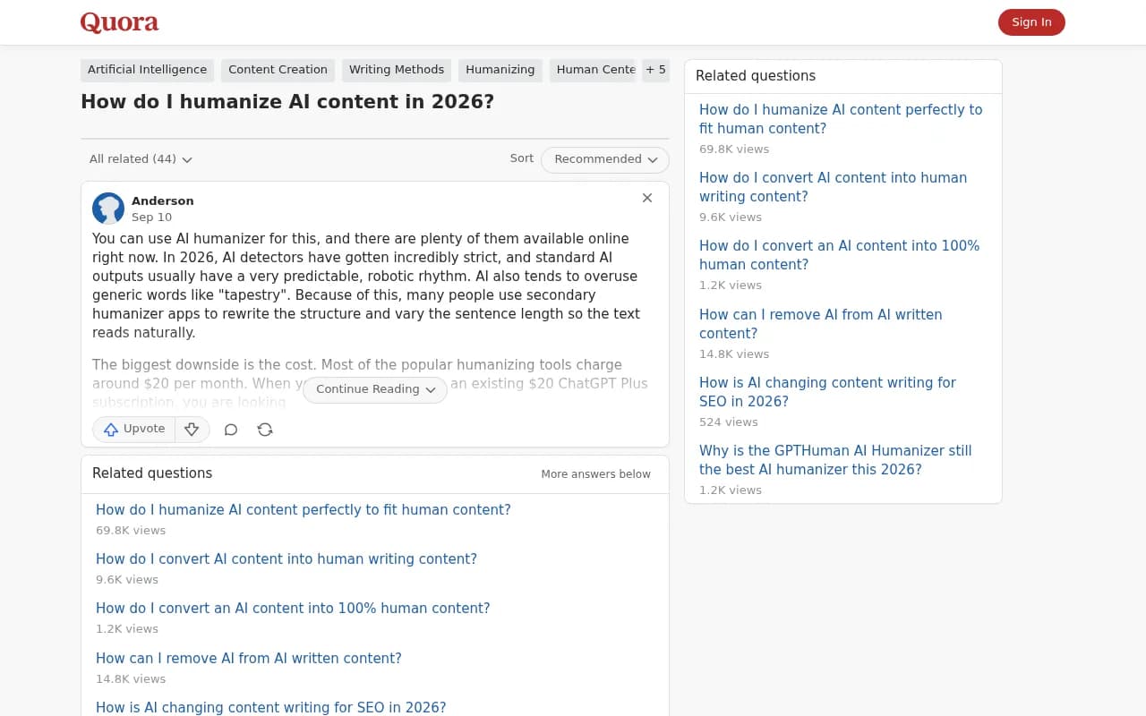 Quora thread on humanizing AI content in 2026, showing the typical advice to use paid humanizer apps