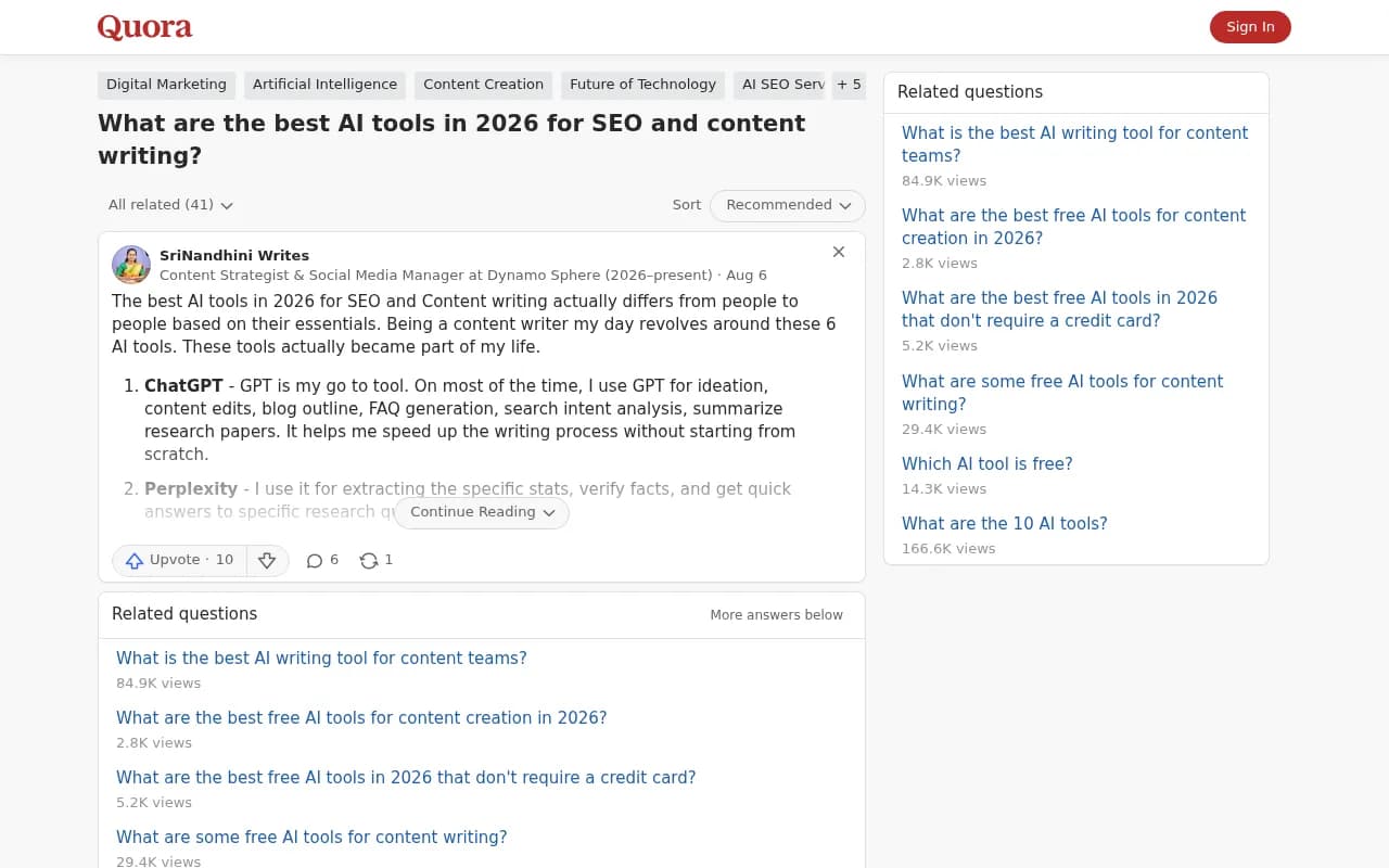 A Quora thread where practitioners list their AI tools for SEO and content writing