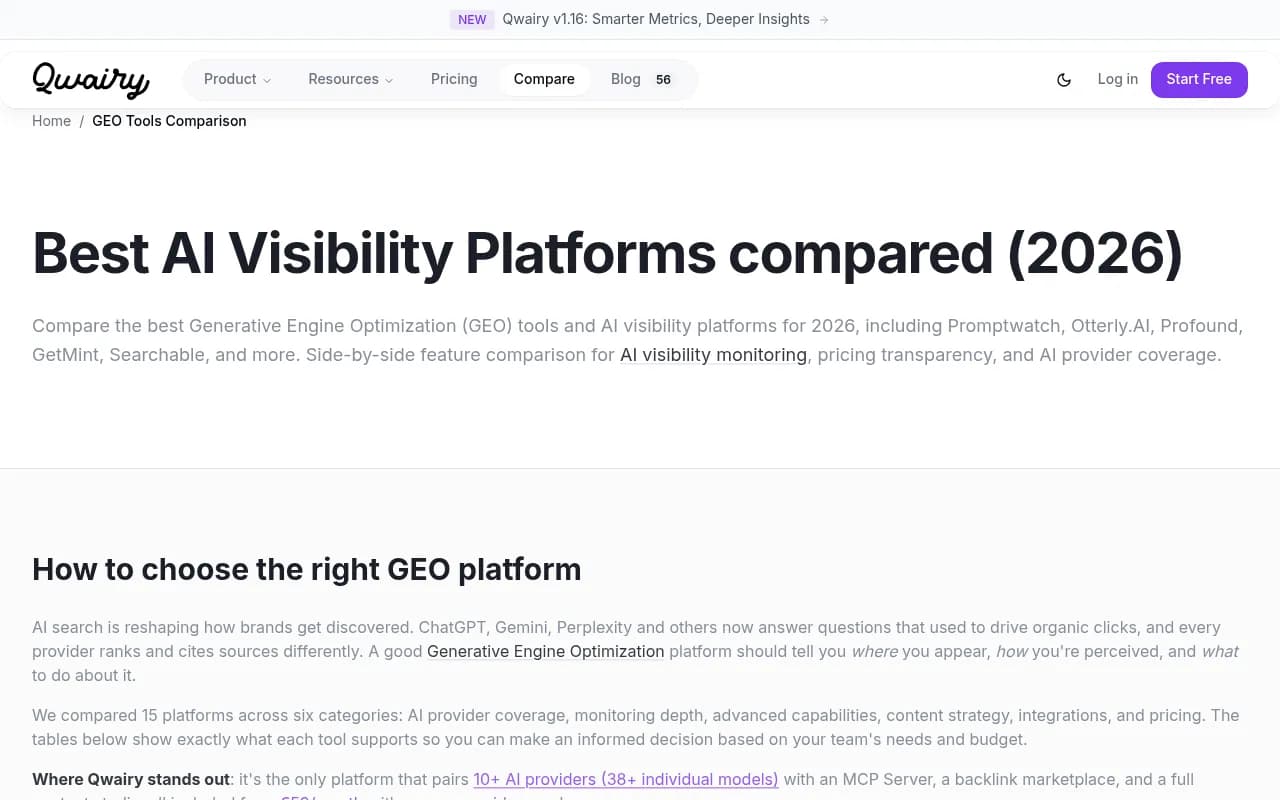 Feature comparison table of GEO and AI visibility platforms for 2026