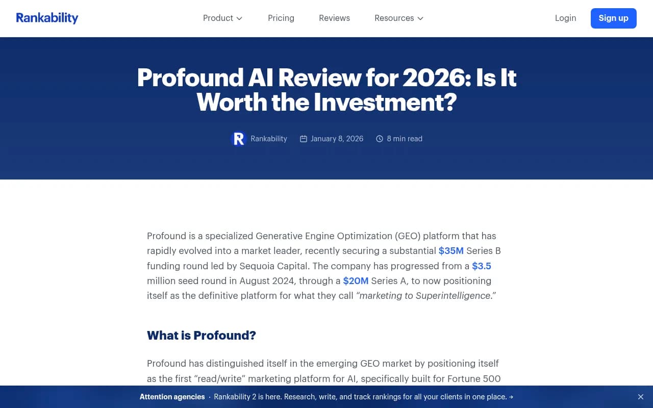Profound AI review on Rankability Blog showing platform overview and pricing analysis