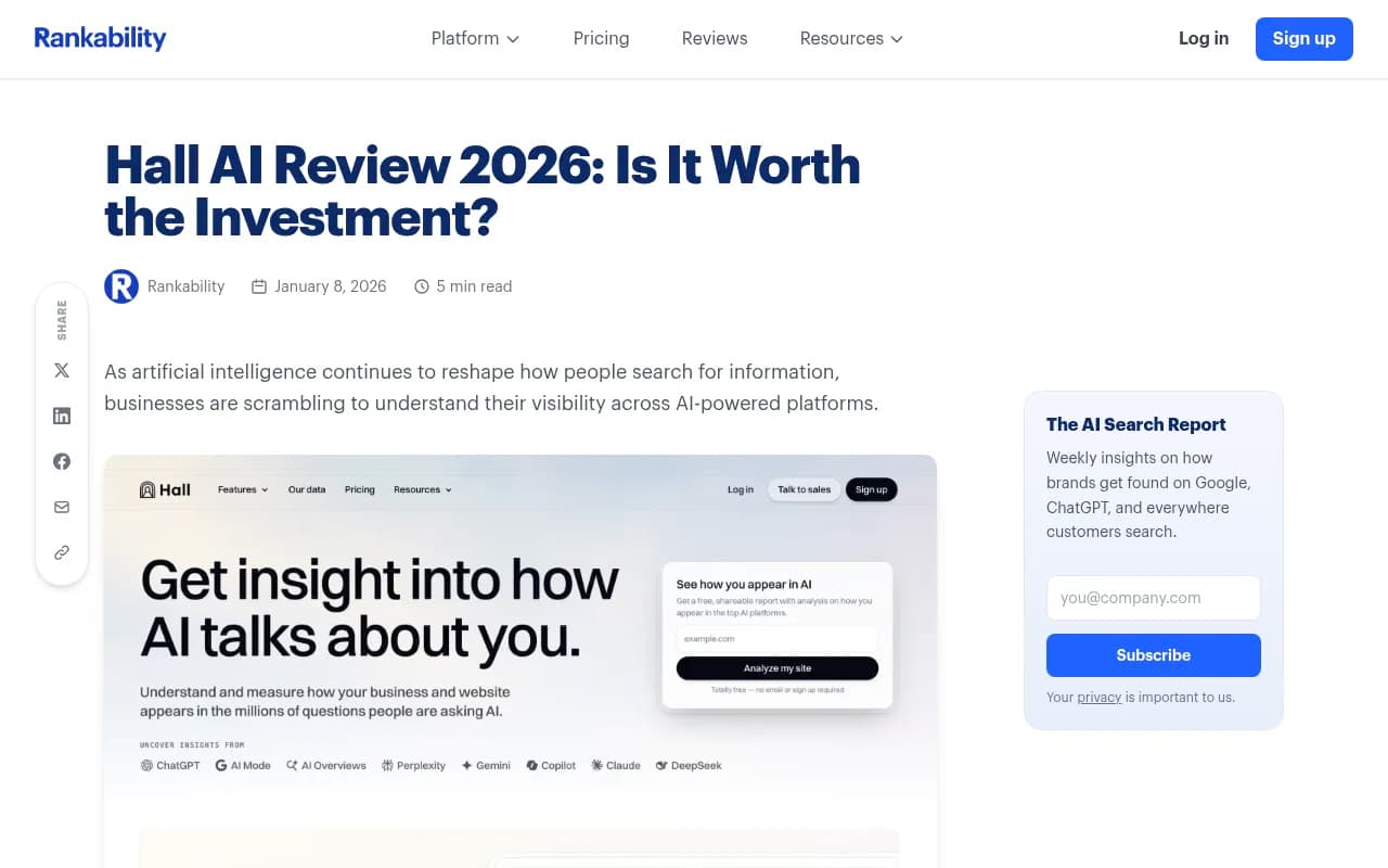 Hall AI review overview from Rankability Blog