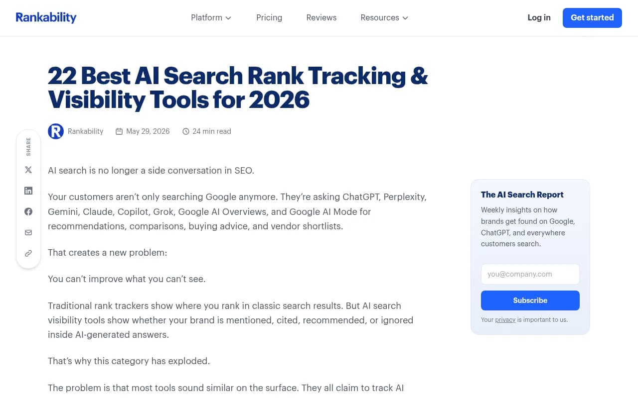Rankability blog on best AI search visibility tracking tools for 2026