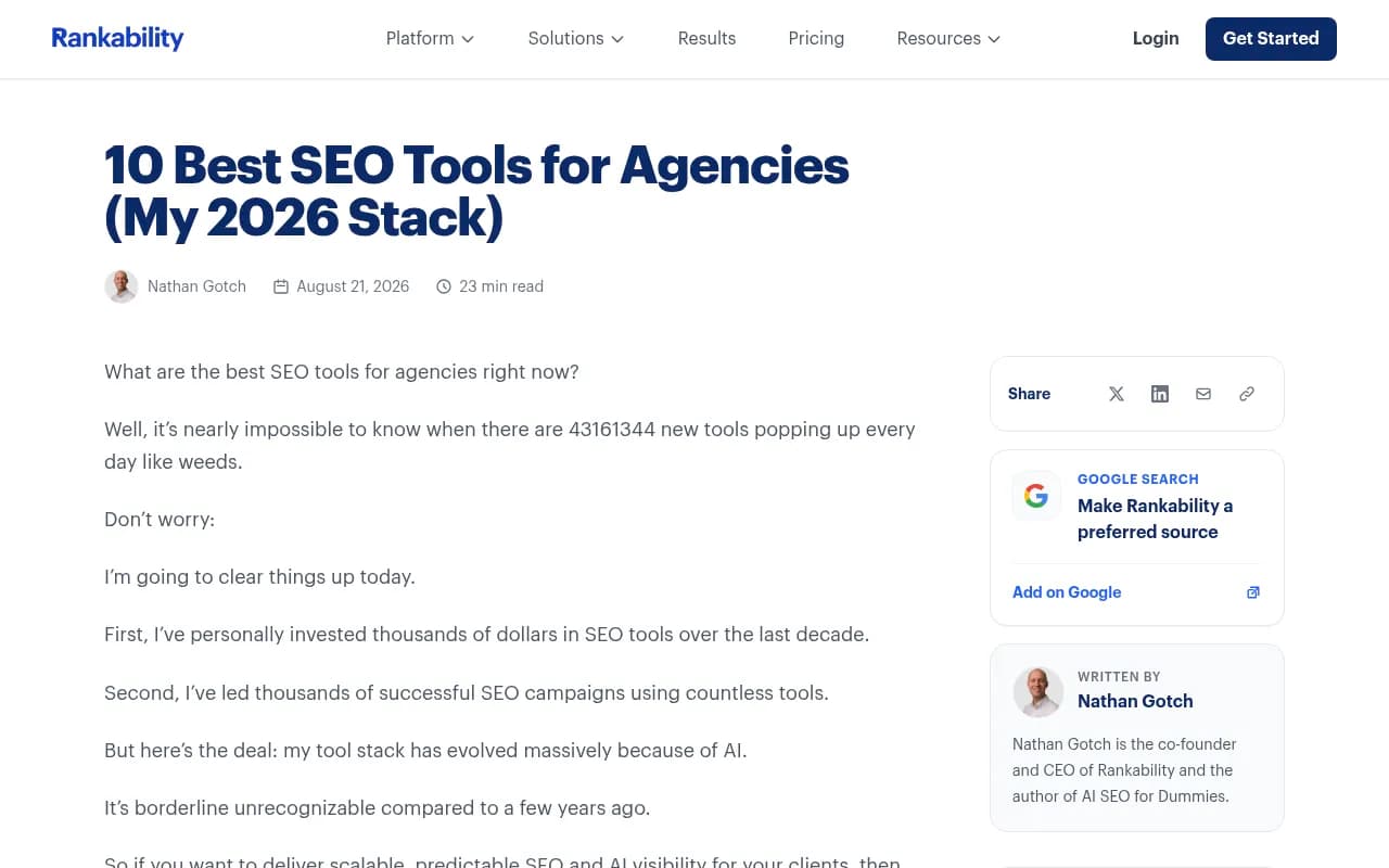 Rankability's breakdown of a 2026 agency SEO software stack