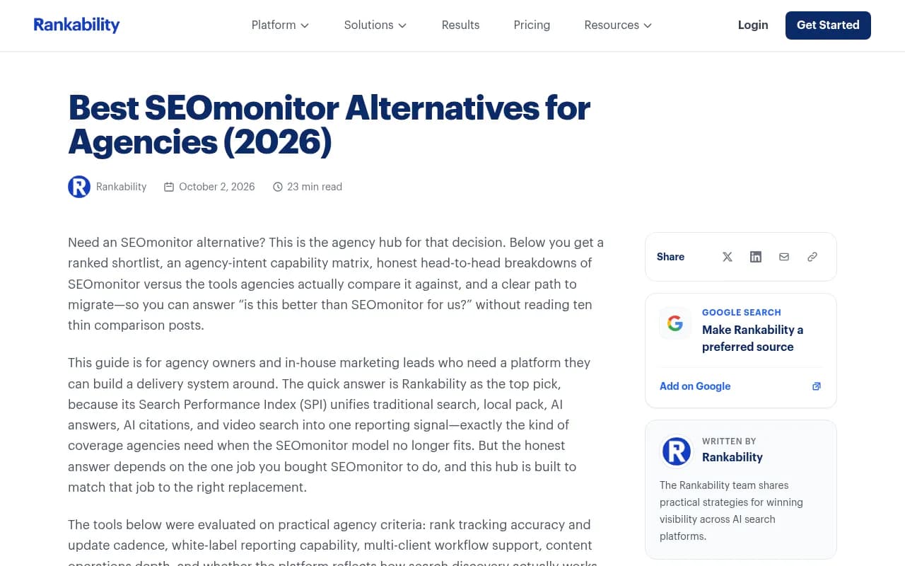 Rankability's agency alternatives guide showing its own comparison table