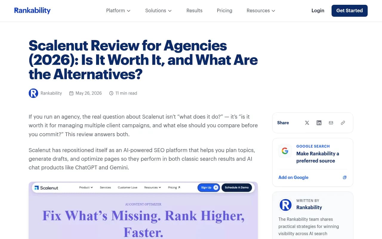 Rankability blog post screenshot showing how the company positions its optimizer against Scalenut