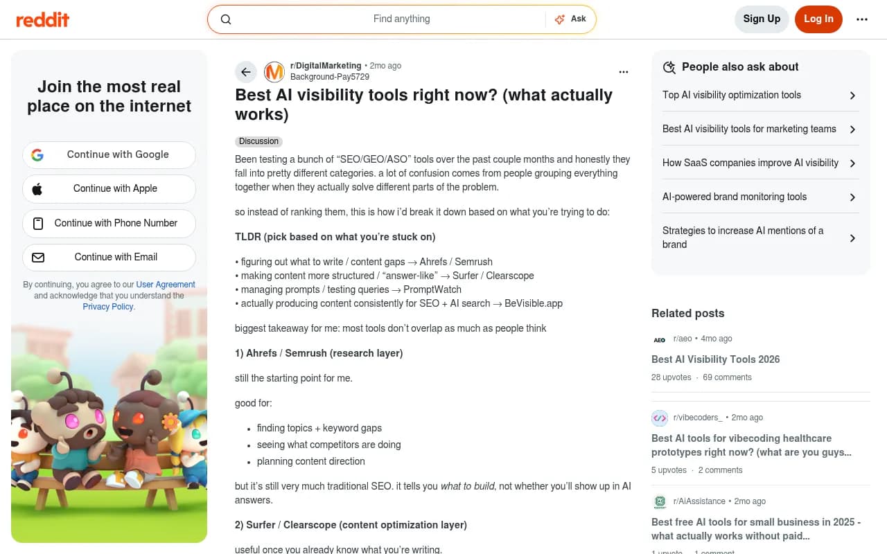 Reddit discussion on AI visibility tools — marketers debating which platforms actually drive results, not just data