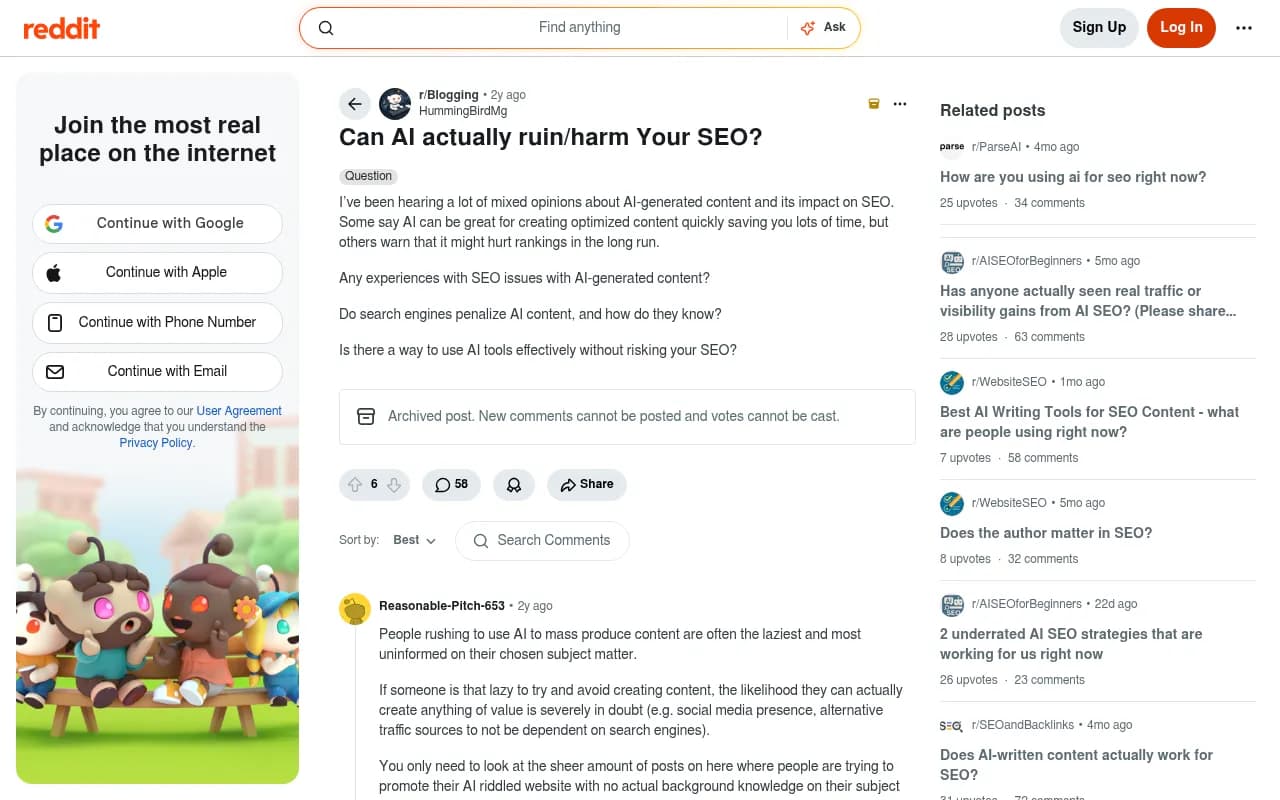 Reddit discussion on whether AI content can harm SEO rankings