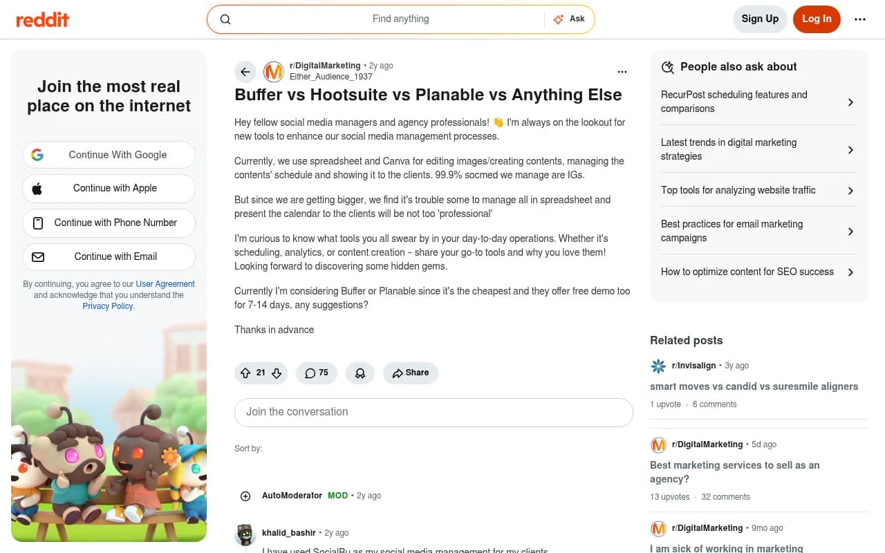 Reddit discussion comparing Buffer, Hootsuite, Planable and other social media tools