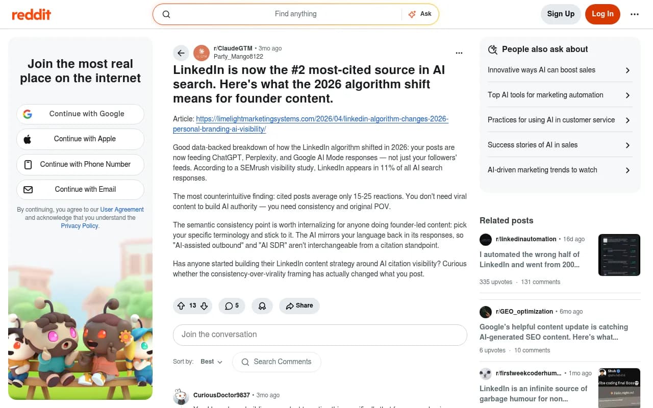 Reddit discussion thread about LinkedIn being the #2 most-cited source in AI search, with marketers sharing reactions and implications
