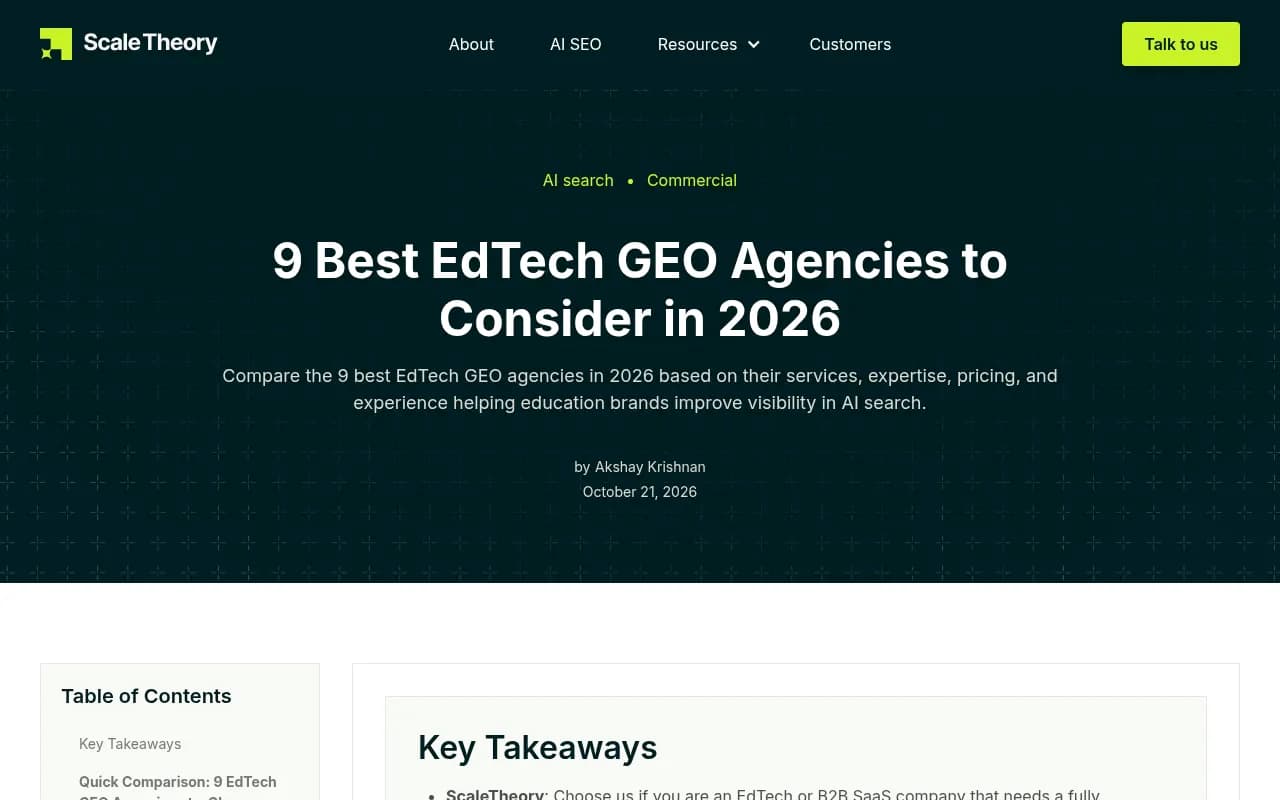 ScaleTheory's list of EdTech GEO agencies, useful as a starting shortlist of vendors