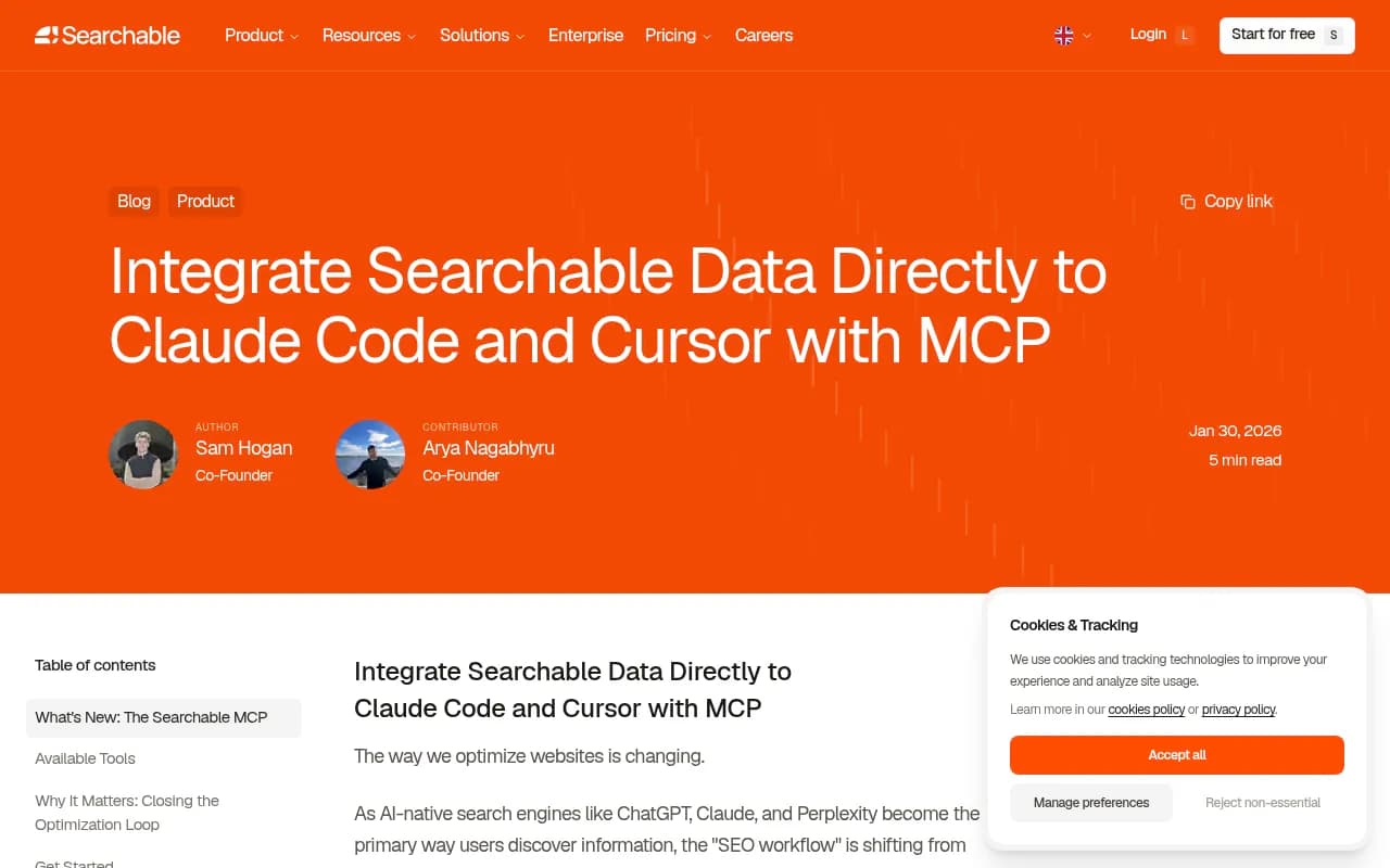 Searchable's announcement of its MCP server for Cursor and Claude Code