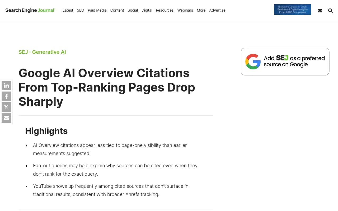 Search Engine Journal coverage of the sharp drop in AI Overview citations from top-ranking pages