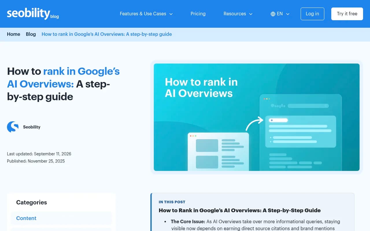 Seobility guide to ranking in Google AI Overviews with an 8-step framework