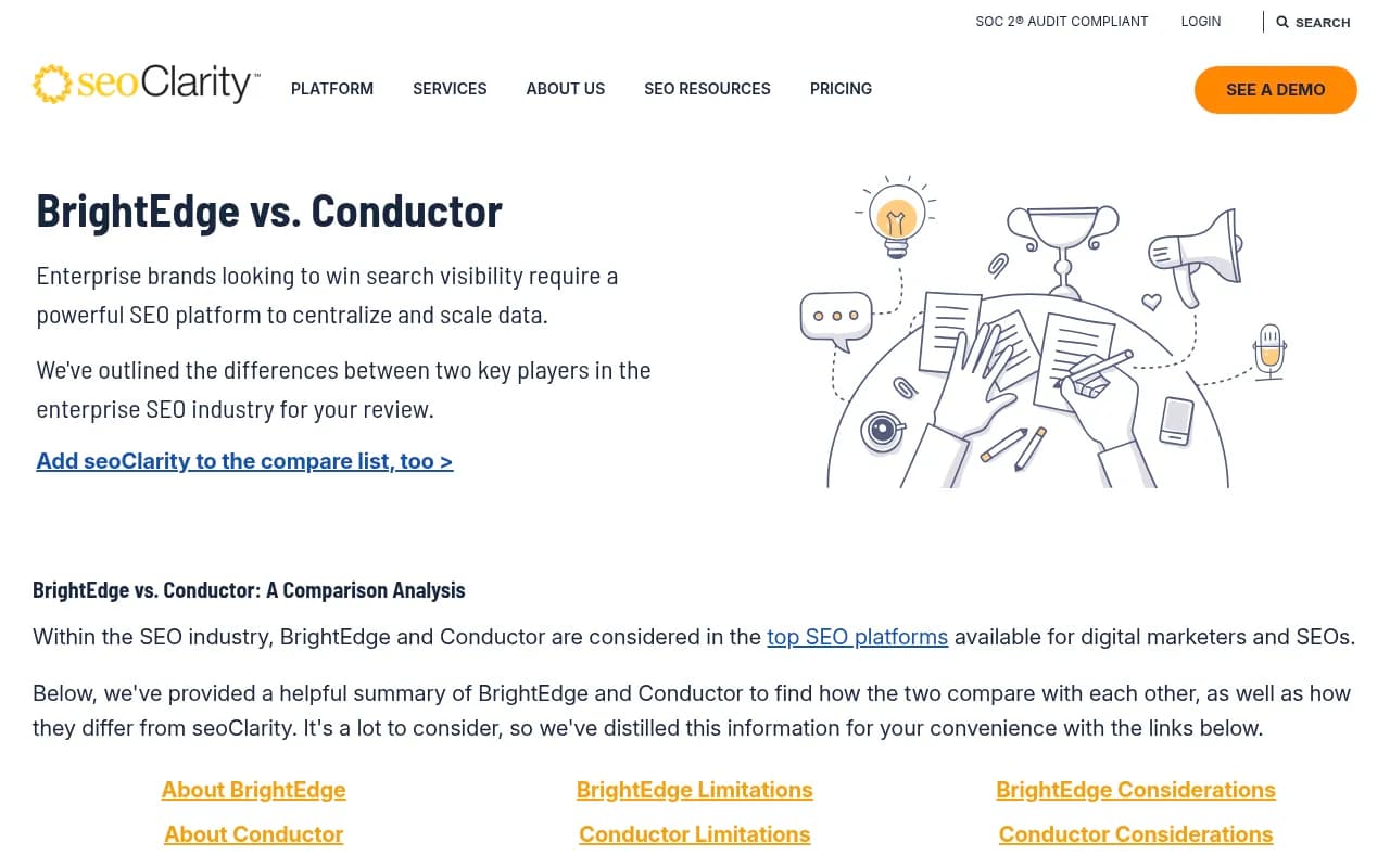 seoClarity's comparison of BrightEdge vs Conductor showing feature and review differences