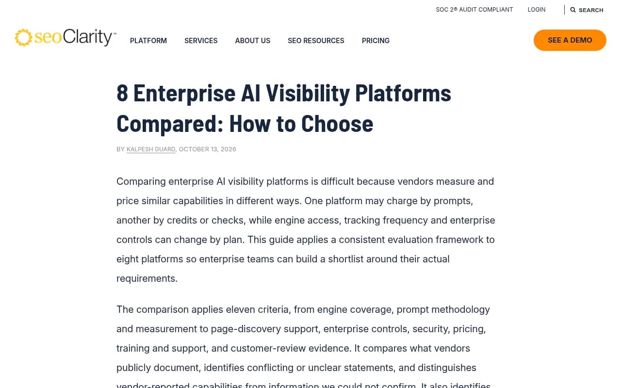 seoClarity's published comparison of enterprise AI visibility platforms, including its own ArcAI and Botify