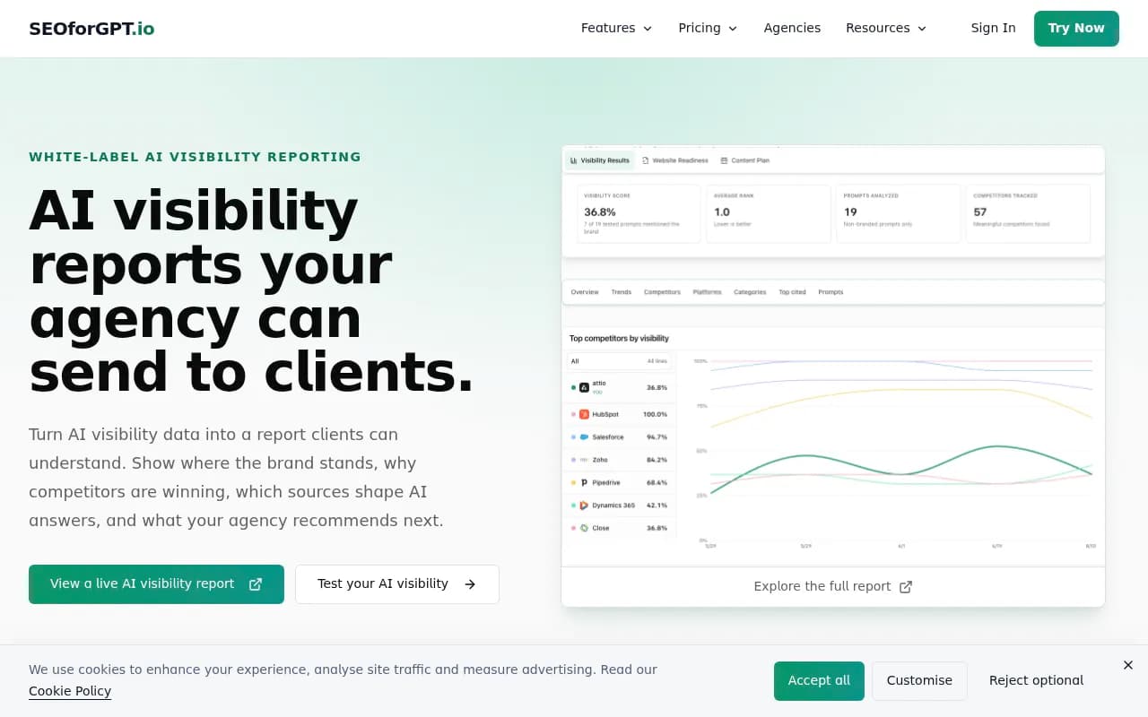White-label AI visibility report overview showing visibility score, average rank, prompts analyzed, and competitor trends